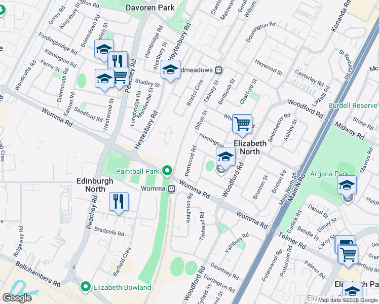 map of restaurants, bars, coffee shops, grocery stores, and more near 22 Pertwood Road in Elizabeth North
