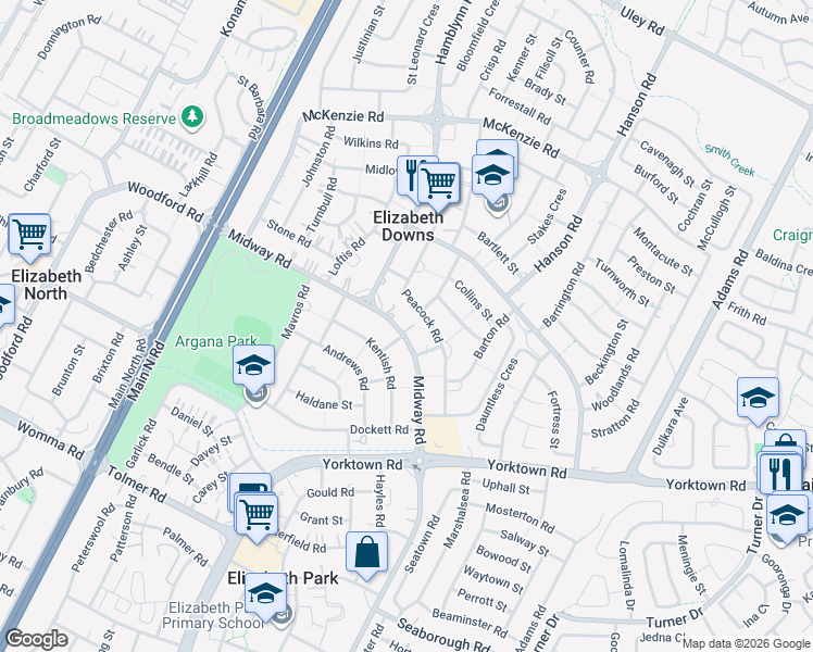 map of restaurants, bars, coffee shops, grocery stores, and more near 240 Midway Road in Elizabeth Downs