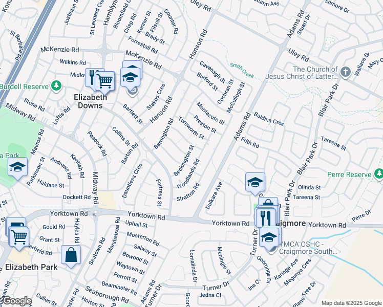 map of restaurants, bars, coffee shops, grocery stores, and more near 26 Beckington Street in Elizabeth Downs