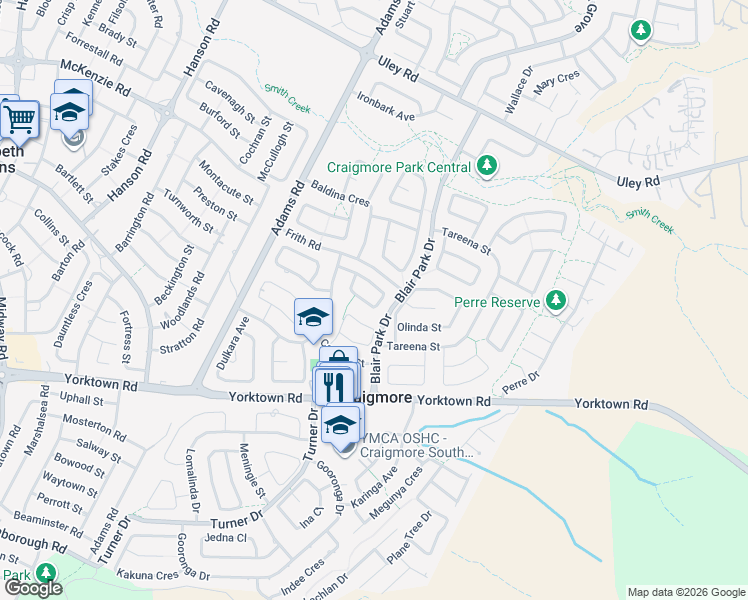 map of restaurants, bars, coffee shops, grocery stores, and more near 18 Coorara Court in Craigmore