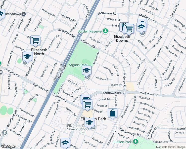 map of restaurants, bars, coffee shops, grocery stores, and more near 5 Parkinson Street in Elizabeth Downs
