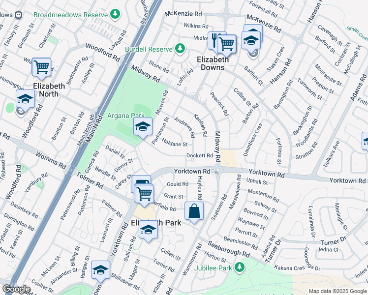 map of restaurants, bars, coffee shops, grocery stores, and more near 22 Haldane Street in Elizabeth Downs