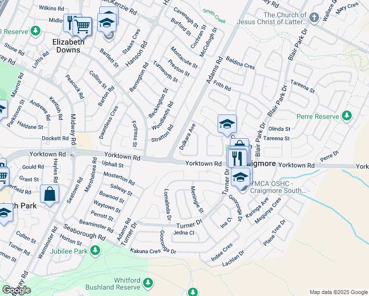map of restaurants, bars, coffee shops, grocery stores, and more near 5 Dulkara Avenue in Craigmore