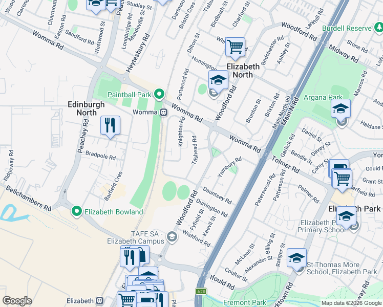 map of restaurants, bars, coffee shops, grocery stores, and more near 23 Tilshead Road in Elizabeth North