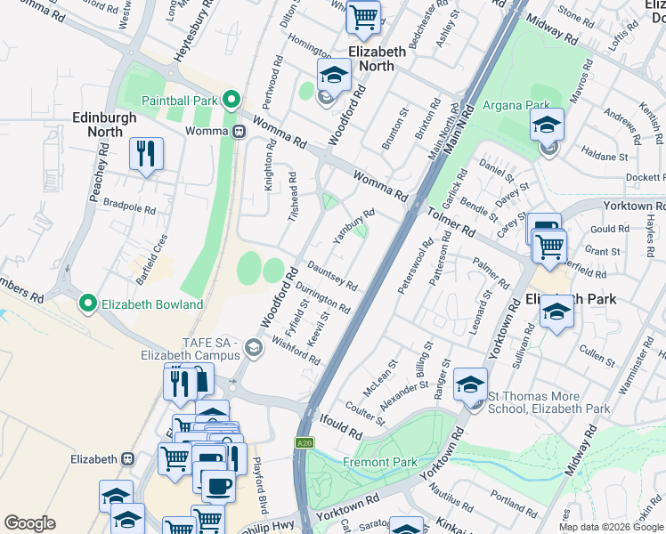 map of restaurants, bars, coffee shops, grocery stores, and more near 18 Dauntsey Road in Elizabeth North