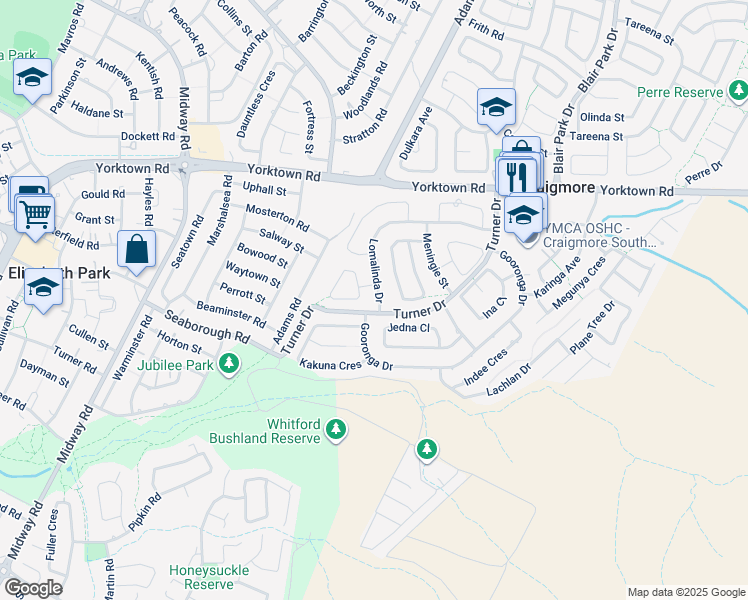 map of restaurants, bars, coffee shops, grocery stores, and more near 50 Lomalinda Drive in Craigmore
