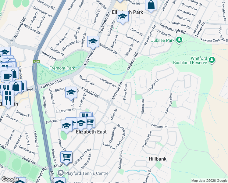 map of restaurants, bars, coffee shops, grocery stores, and more near 87 Midway Road in Elizabeth East
