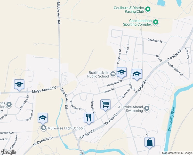 map of restaurants, bars, coffee shops, grocery stores, and more near 19 Bradford Drive in Goulburn