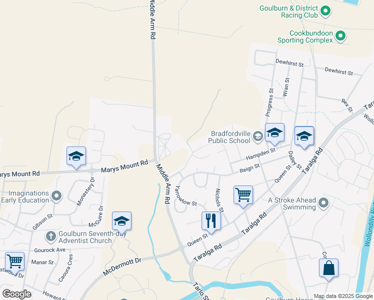 map of restaurants, bars, coffee shops, grocery stores, and more near 14 Amaroo Place in Goulburn