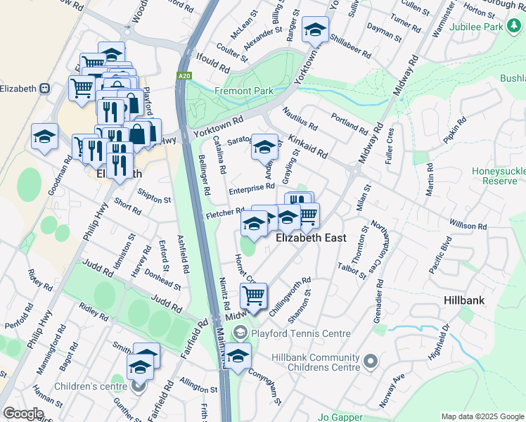 map of restaurants, bars, coffee shops, grocery stores, and more near 18 Fletcher Road in Elizabeth East