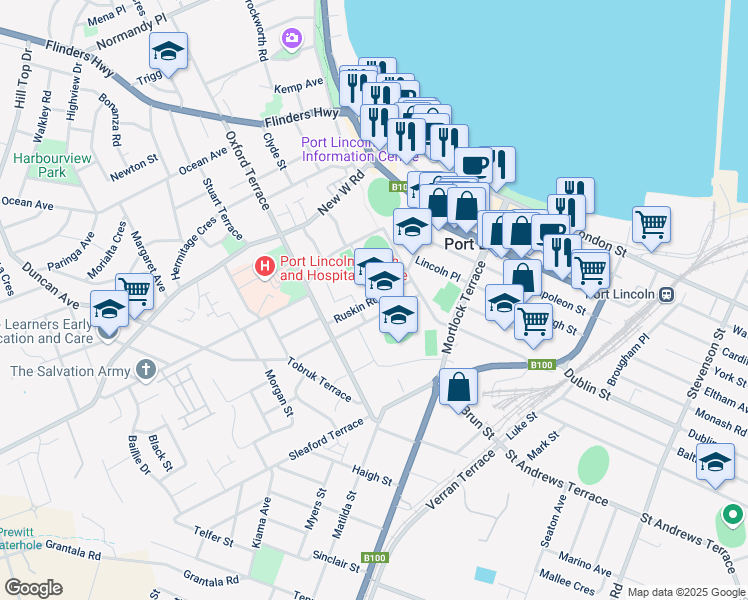 map of restaurants, bars, coffee shops, grocery stores, and more near Ruskin Rd in Port Lincoln