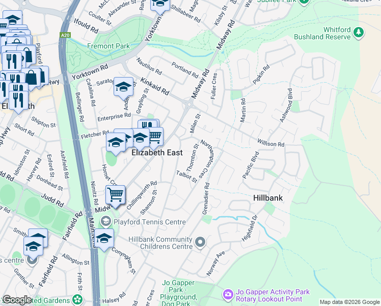 map of restaurants, bars, coffee shops, grocery stores, and more near 15 Thornton Street in Elizabeth East