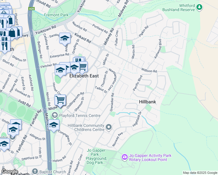 map of restaurants, bars, coffee shops, grocery stores, and more near 43 Northampton Crescent in Elizabeth East