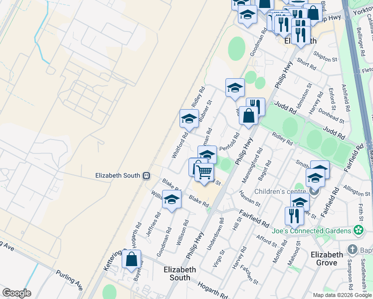 map of restaurants, bars, coffee shops, grocery stores, and more near 31 Whitford Road in Elizabeth South