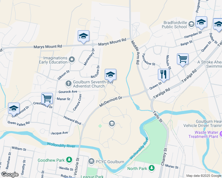 map of restaurants, bars, coffee shops, grocery stores, and more near 40 McDermott Drive in Goulburn