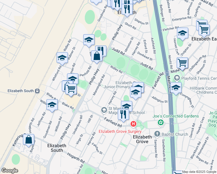 map of restaurants, bars, coffee shops, grocery stores, and more near 31 Bagot Road in Elizabeth South