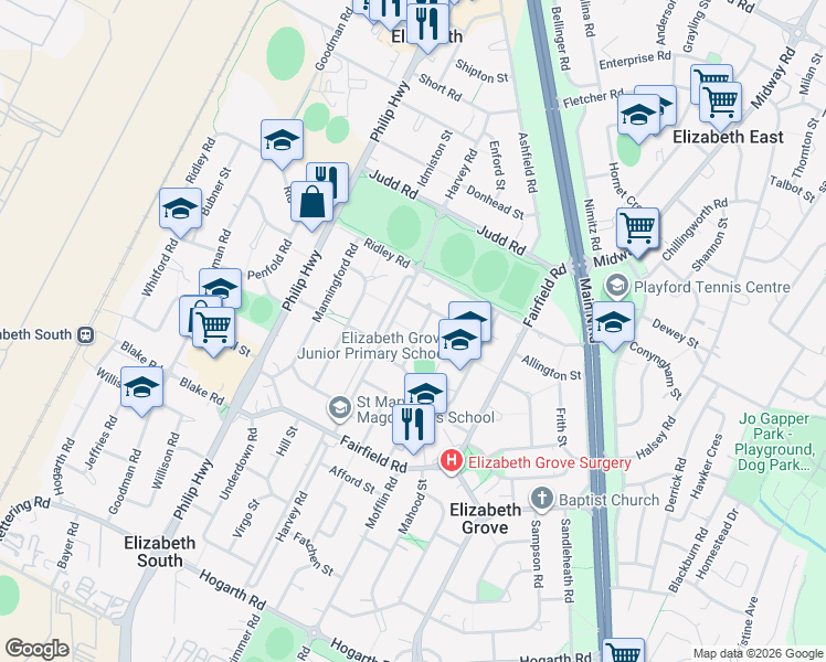map of restaurants, bars, coffee shops, grocery stores, and more near 10 Milston Street in Elizabeth Grove