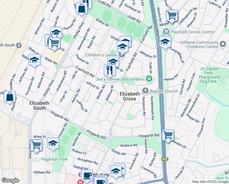 map of restaurants, bars, coffee shops, grocery stores, and more near 4 Blencowe Street in Elizabeth Grove