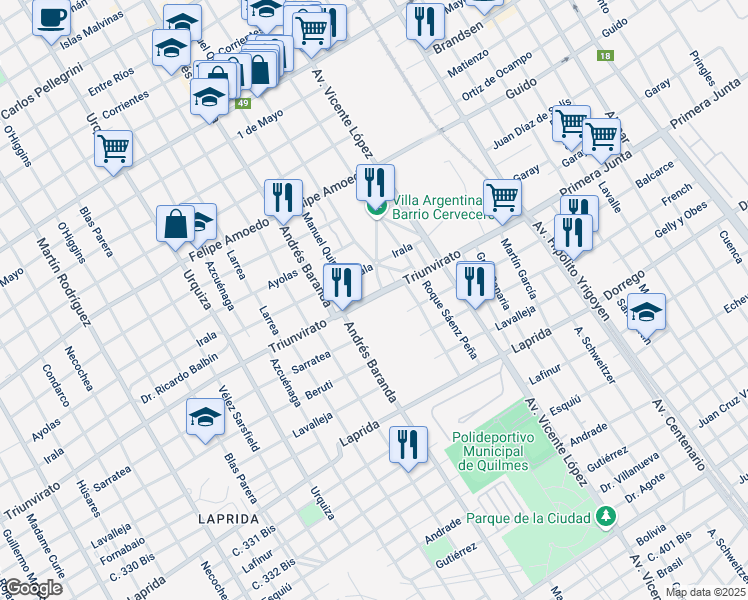 map of restaurants, bars, coffee shops, grocery stores, and more near 545 Sarratea in Quilmes