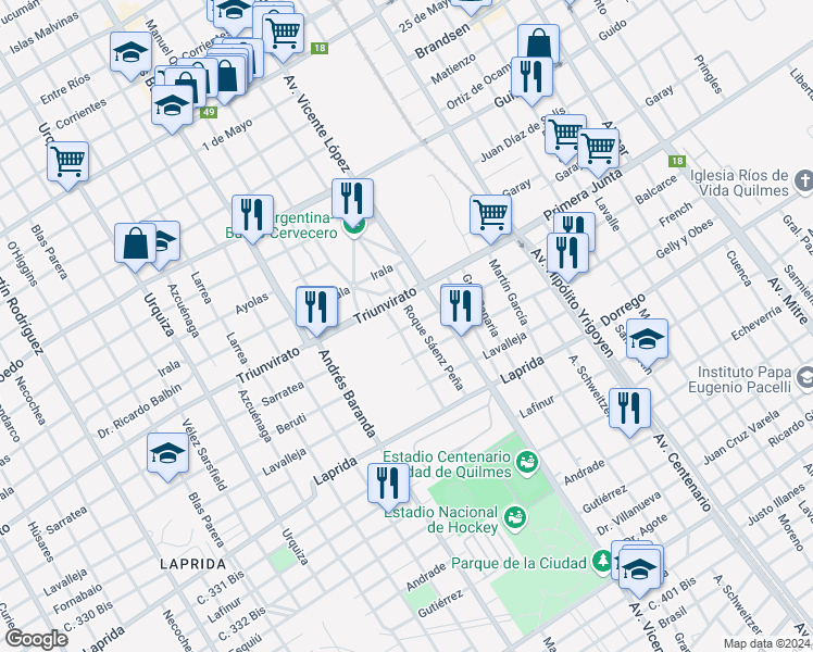 map of restaurants, bars, coffee shops, grocery stores, and more near 545 Sarratea in Quilmes
