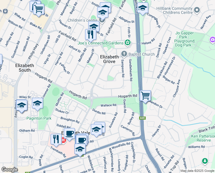 map of restaurants, bars, coffee shops, grocery stores, and more near 70 Sampson Road in Elizabeth Grove