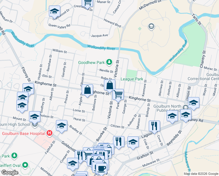 map of restaurants, bars, coffee shops, grocery stores, and more near 6 Opal Street in Goulburn