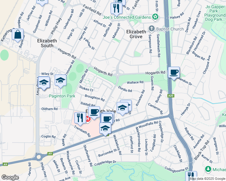map of restaurants, bars, coffee shops, grocery stores, and more near Haydown Road in Elizabeth Vale