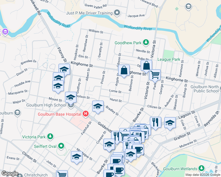 map of restaurants, bars, coffee shops, grocery stores, and more near 19 Lorne Street in Goulburn