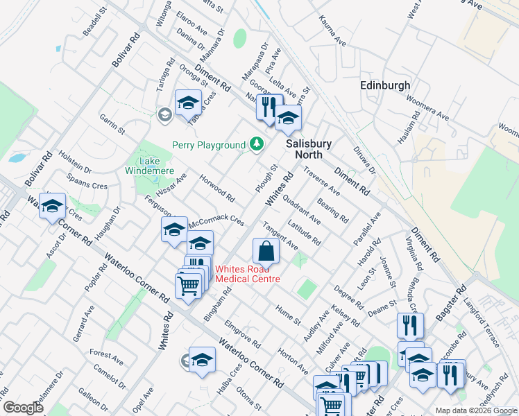 map of restaurants, bars, coffee shops, grocery stores, and more near 69 Whites Road in Salisbury North