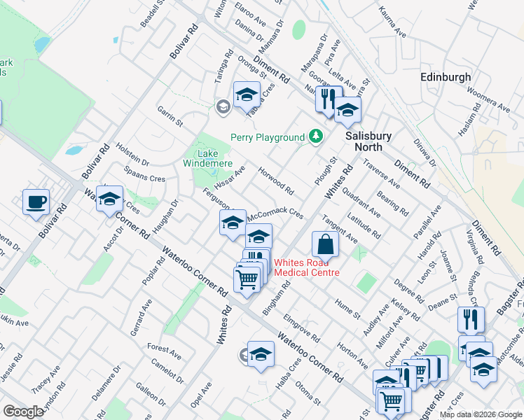 map of restaurants, bars, coffee shops, grocery stores, and more near 33 McCormack Crescent in Salisbury North
