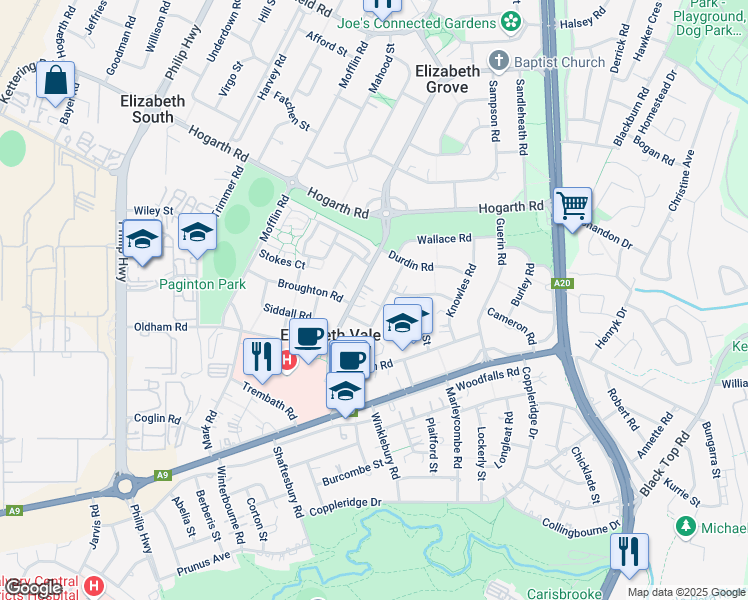 map of restaurants, bars, coffee shops, grocery stores, and more near 18 Davidson Road in Elizabeth Vale