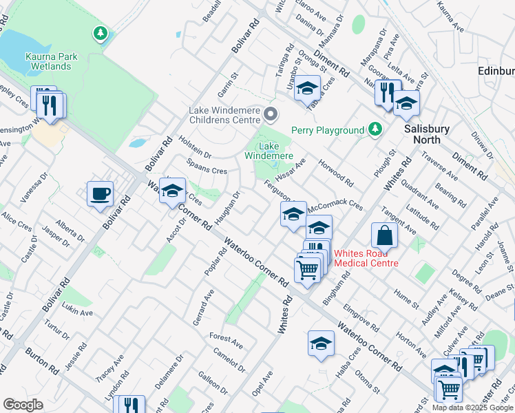 map of restaurants, bars, coffee shops, grocery stores, and more near 5 Shorthorn Crescent in Salisbury North