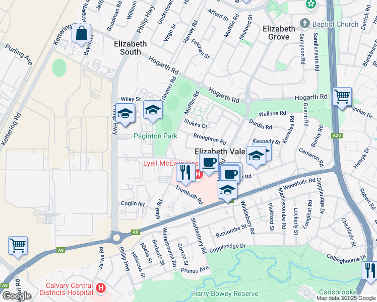 map of restaurants, bars, coffee shops, grocery stores, and more near 18 Siddall Road in Elizabeth Vale