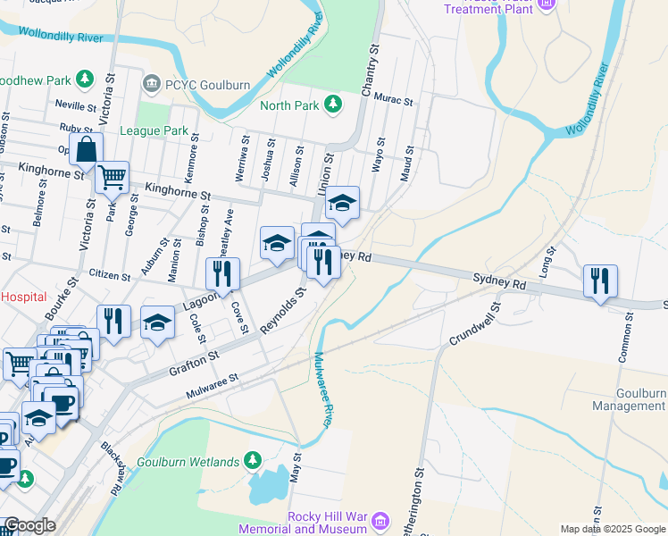 map of restaurants, bars, coffee shops, grocery stores, and more near 71 Reynolds Street in Goulburn