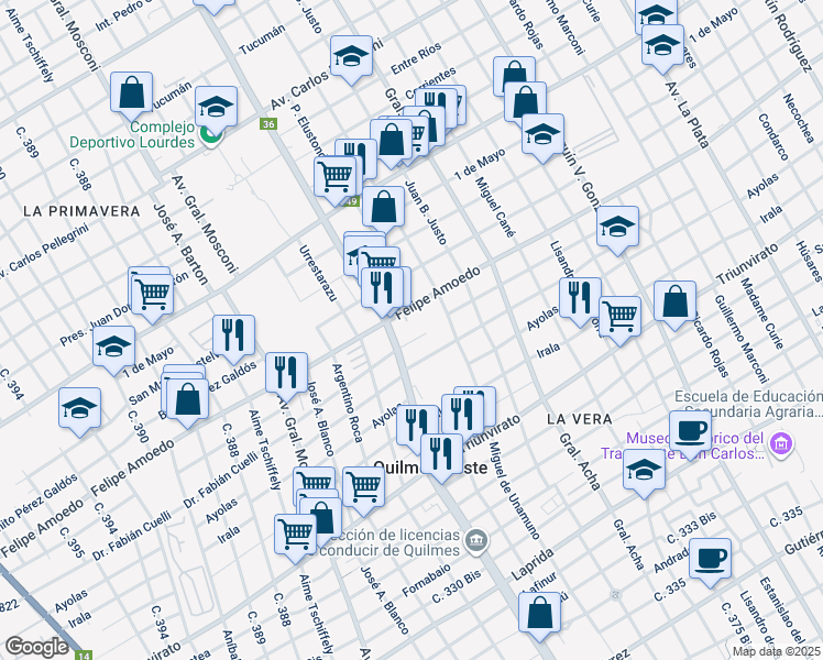 map of restaurants, bars, coffee shops, grocery stores, and more near 2863 Madres de Plaza de Mayo in Quilmes Oeste