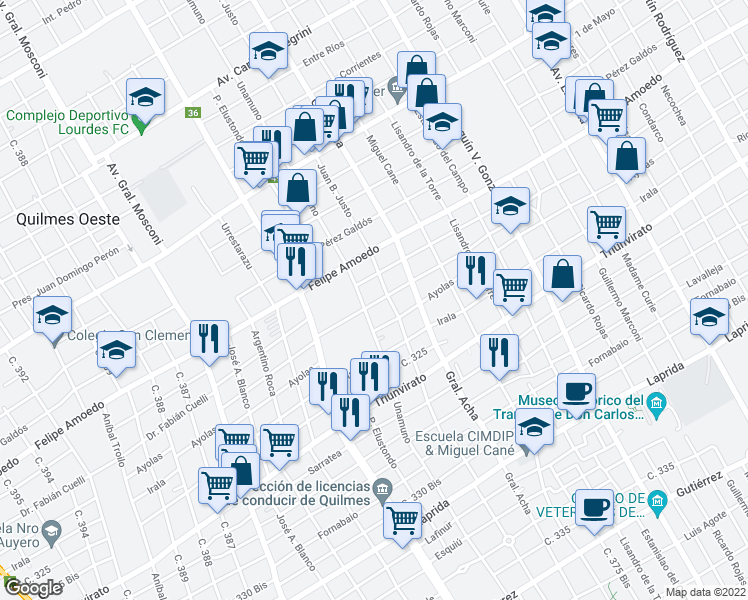 map of restaurants, bars, coffee shops, grocery stores, and more near 2863 Madres de Plaza de Mayo in Quilmes Oeste
