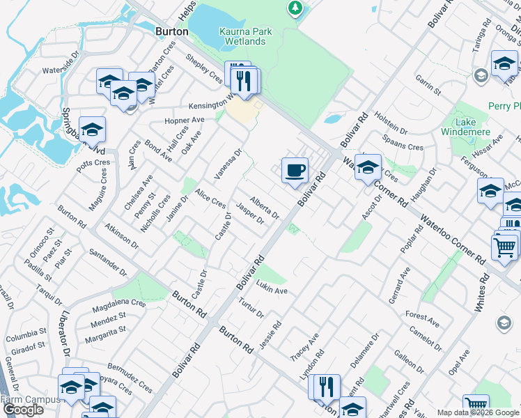 map of restaurants, bars, coffee shops, grocery stores, and more near 14 Alberta Drive in Burton