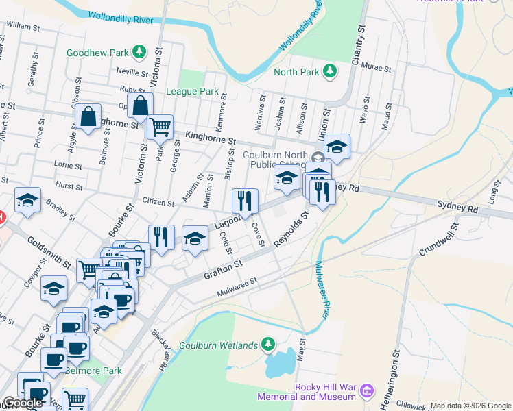 map of restaurants, bars, coffee shops, grocery stores, and more near 90 Lagoon Street in Goulburn