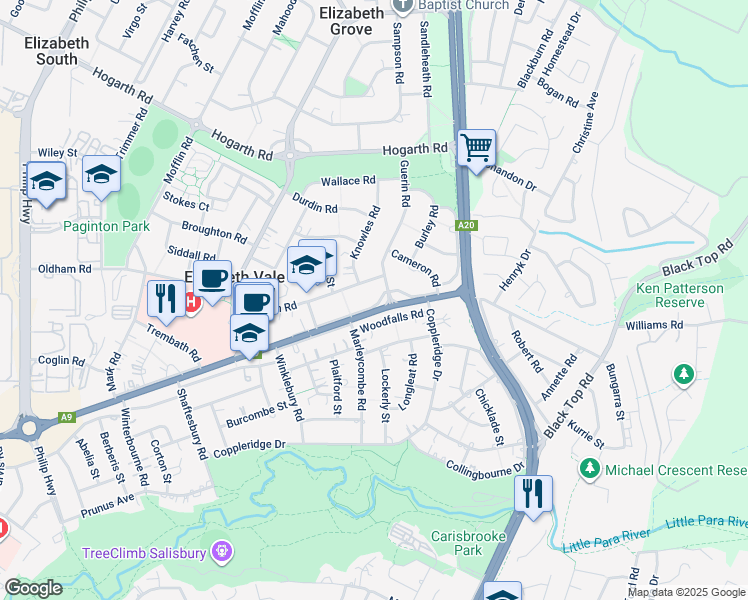 map of restaurants, bars, coffee shops, grocery stores, and more near 12 John Rice Avenue in Elizabeth Vale
