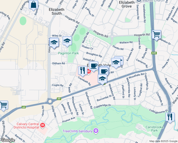 map of restaurants, bars, coffee shops, grocery stores, and more near Haydown Road in Elizabeth Vale