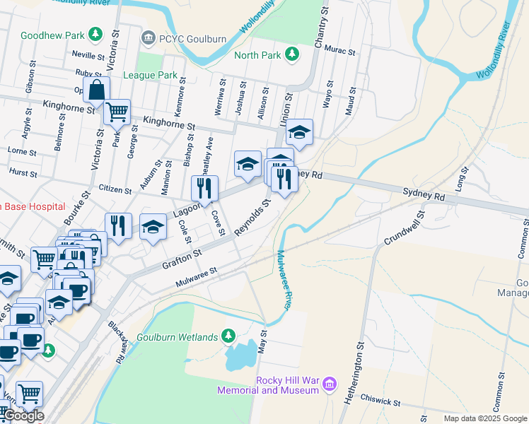 map of restaurants, bars, coffee shops, grocery stores, and more near 21 Reynolds Street in Goulburn