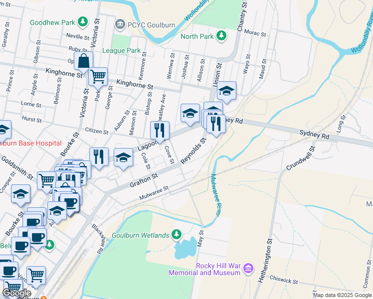 map of restaurants, bars, coffee shops, grocery stores, and more near 118 Reynolds Street in Goulburn