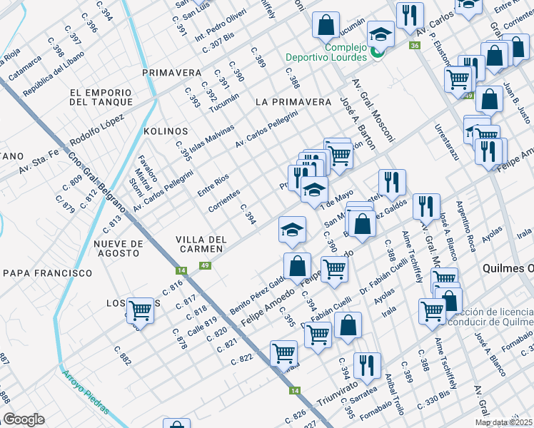 map of restaurants, bars, coffee shops, grocery stores, and more near 1575 Calle 393 in Quilmes Oeste