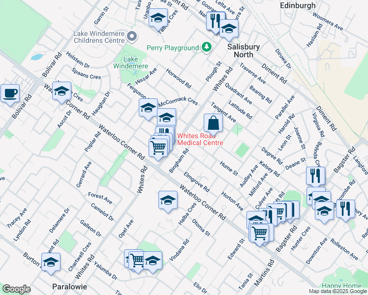 map of restaurants, bars, coffee shops, grocery stores, and more near 29 Bingham Road in Salisbury North
