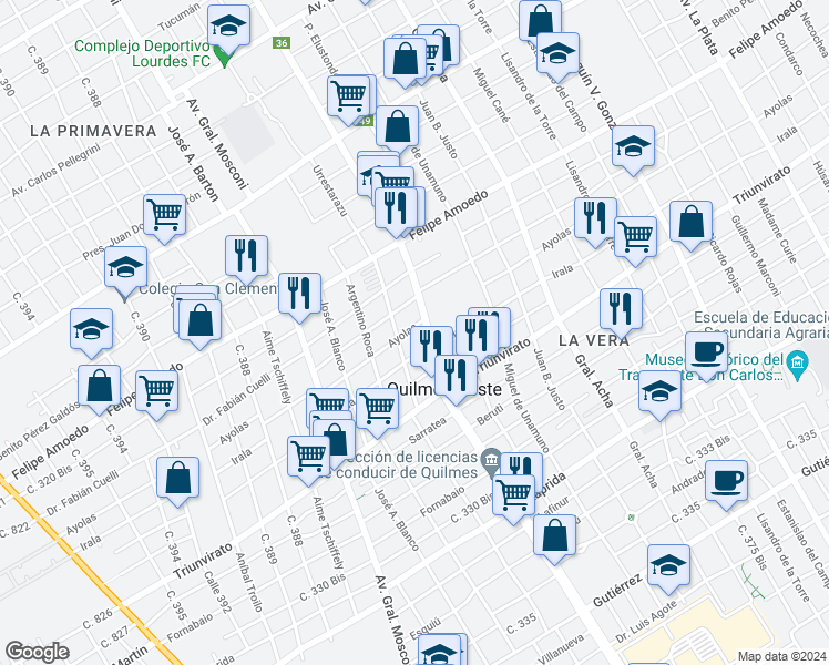 map of restaurants, bars, coffee shops, grocery stores, and more near 3154 Ayolas in Quilmes Oeste