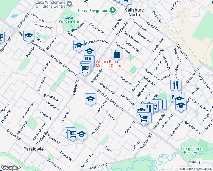 map of restaurants, bars, coffee shops, grocery stores, and more near 23 Elmgrove Road in Salisbury North