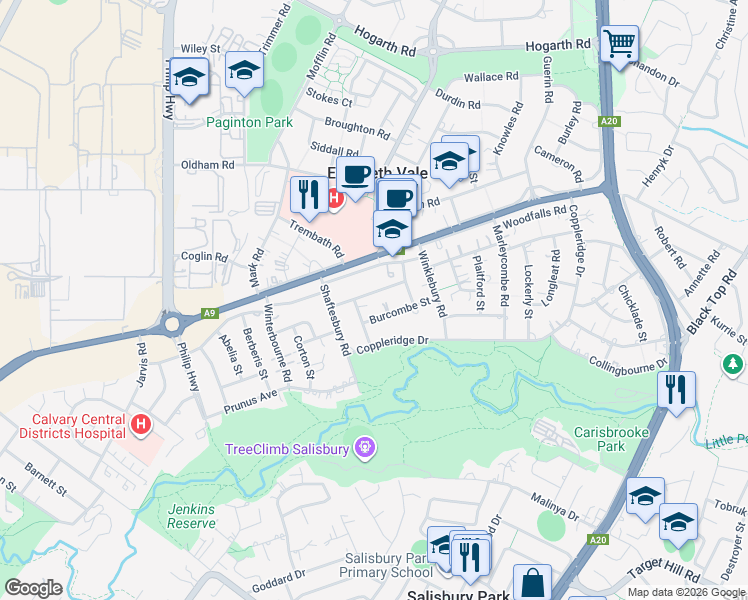 map of restaurants, bars, coffee shops, grocery stores, and more near 10 Wexcombe Street in Elizabeth Vale