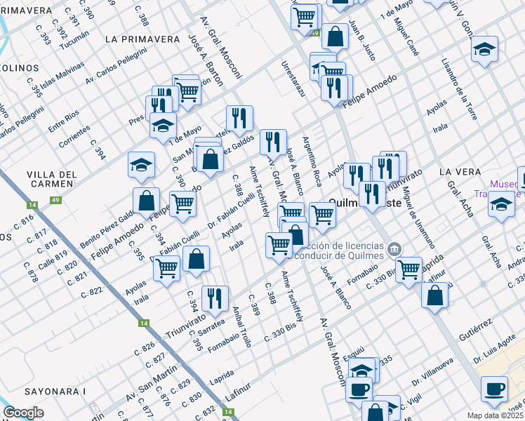 map of restaurants, bars, coffee shops, grocery stores, and more near in Quilmes Oeste