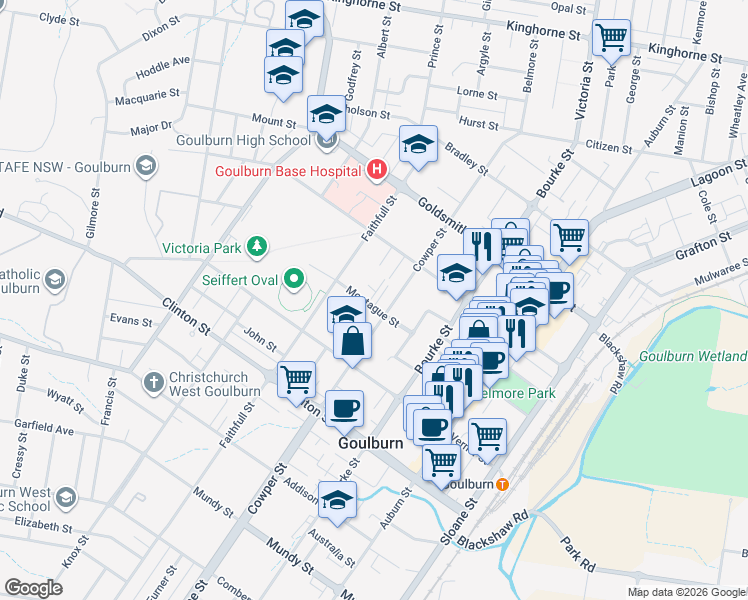 map of restaurants, bars, coffee shops, grocery stores, and more near 11 Holland Street in Goulburn