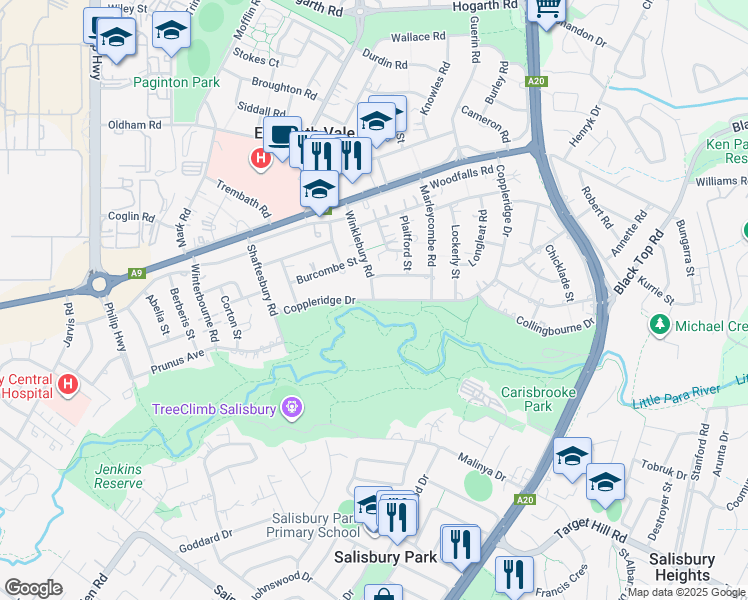 map of restaurants, bars, coffee shops, grocery stores, and more near Coppleridge Drive in Elizabeth Vale